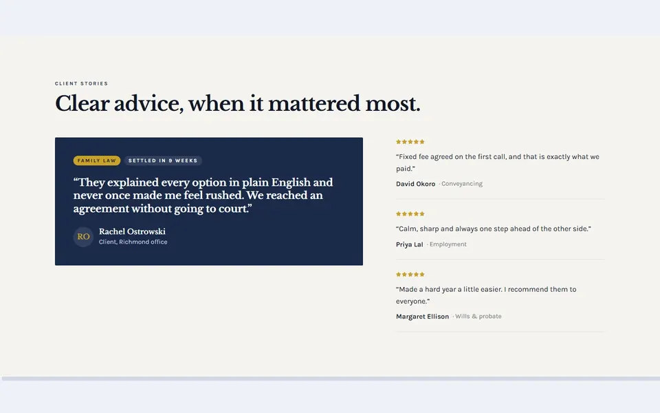 Law featured case: testimonials & logos design