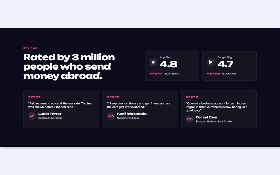 Fintech app ratings — testimonials & logos template