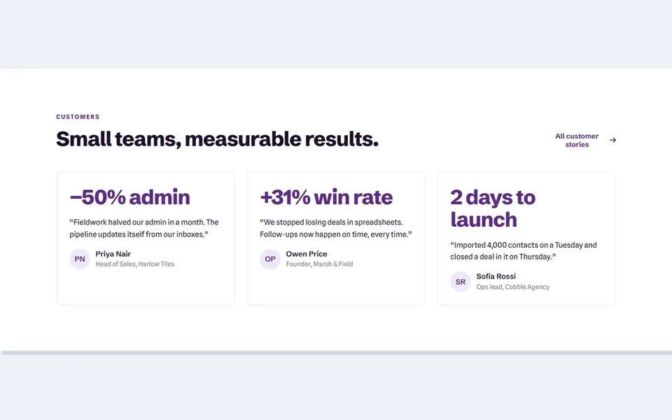 CRM case snippets — testimonials & logos template