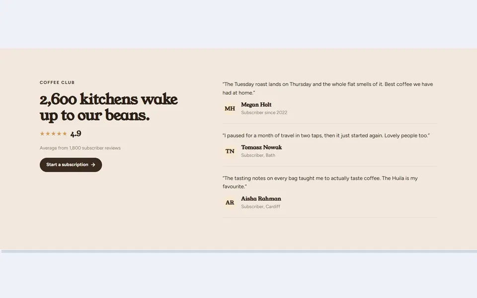 Coffee subscribers: testimonials & logos design