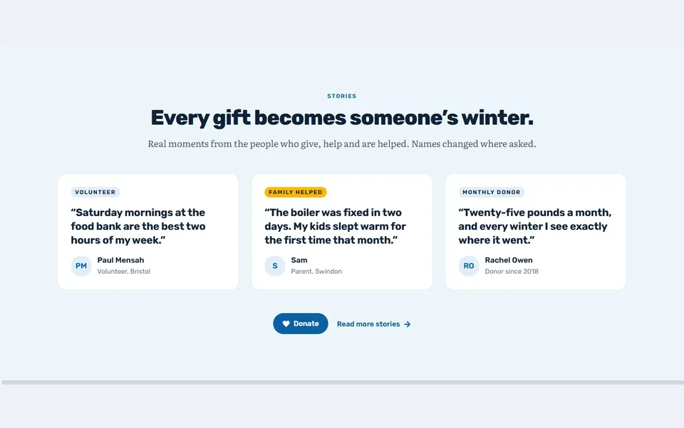 Charity stories — testimonials & logos template
