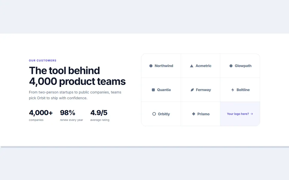 Logo grid with stats — testimonials & logos template