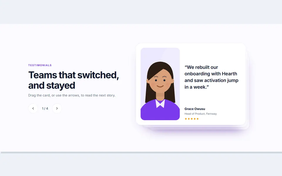 Stacked swipe cards — testimonials & logos template