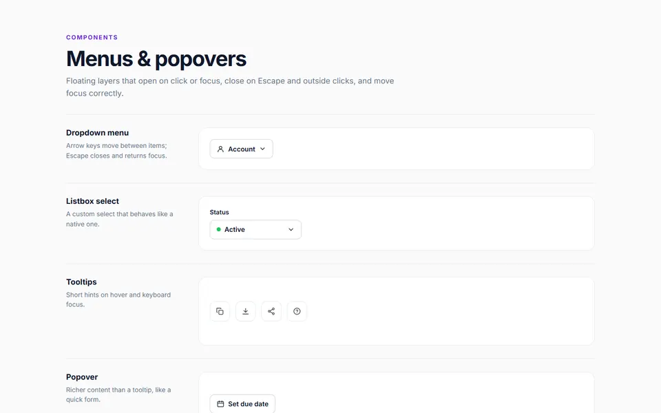 Menus tooltips and popovers: ui components design