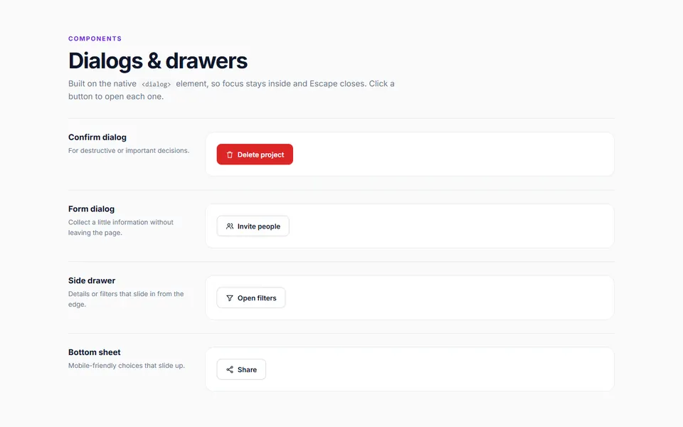 Dialogs and drawers — ui components template