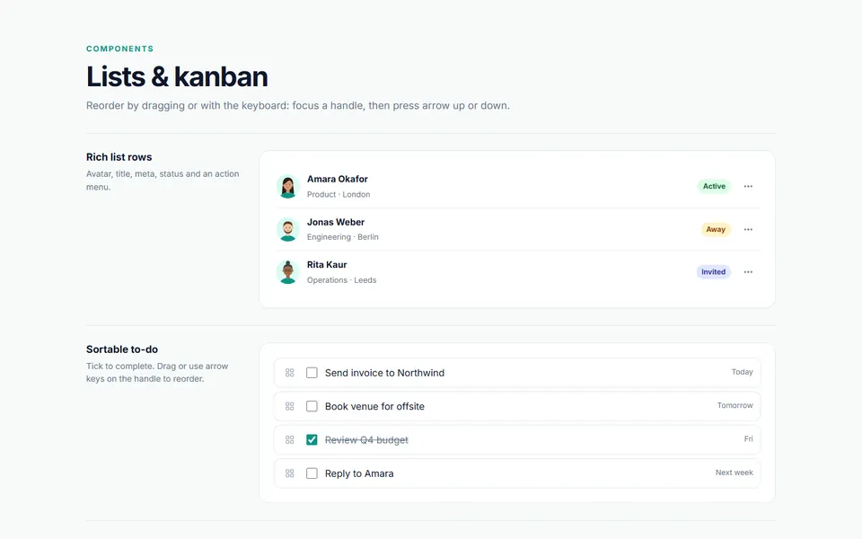 Lists and kanban — ui components template