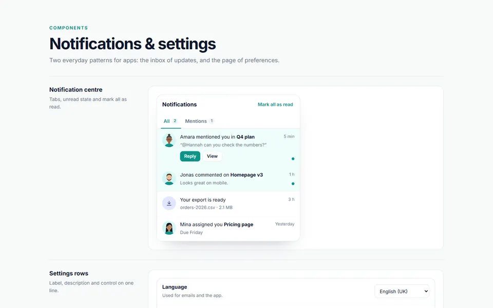 Notification centre and settings — ui components template