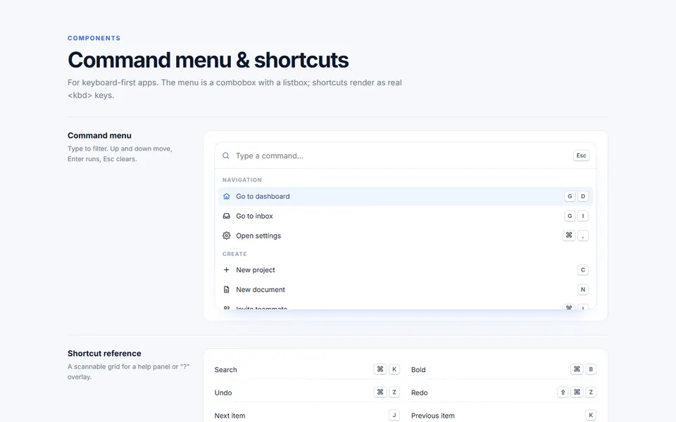 Command menu and shortcuts: ui components design