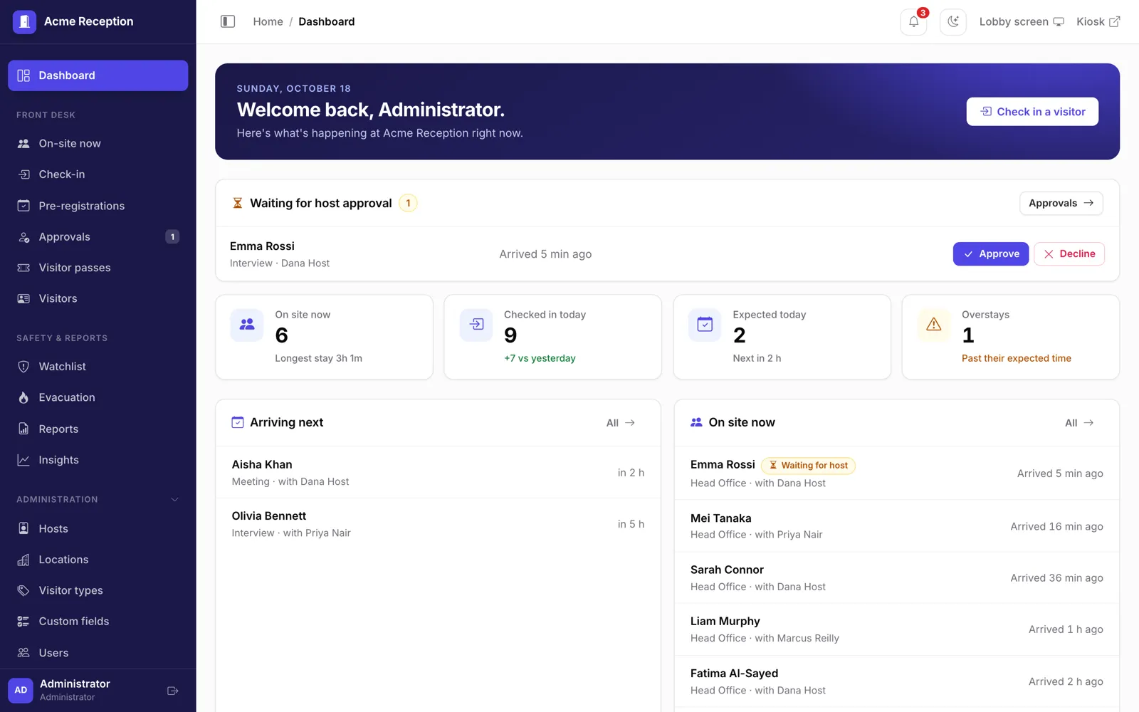 Reception dashboard