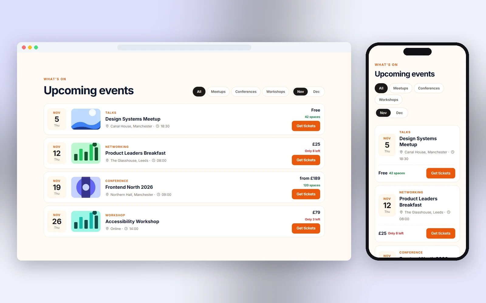 HTML Event & Booking Sections — 30 event and booking sections in plain HTML & CSS, free