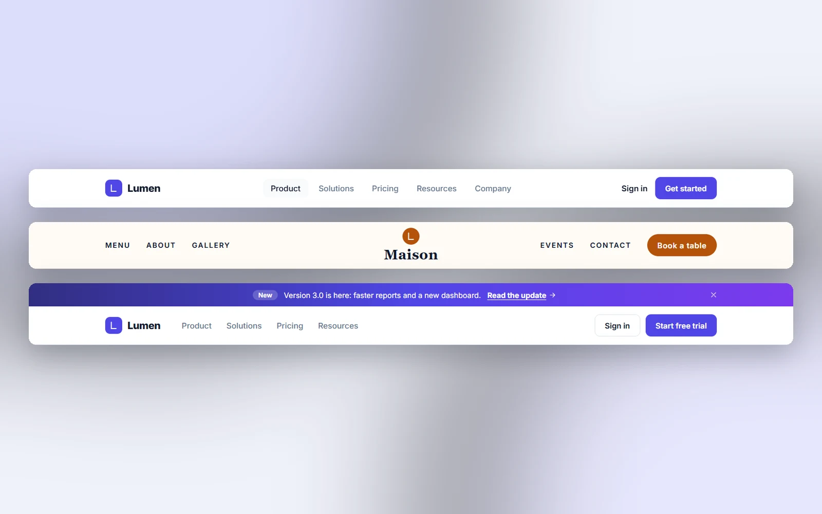 HTML Header Templates — 30 headers in plain HTML & CSS, free