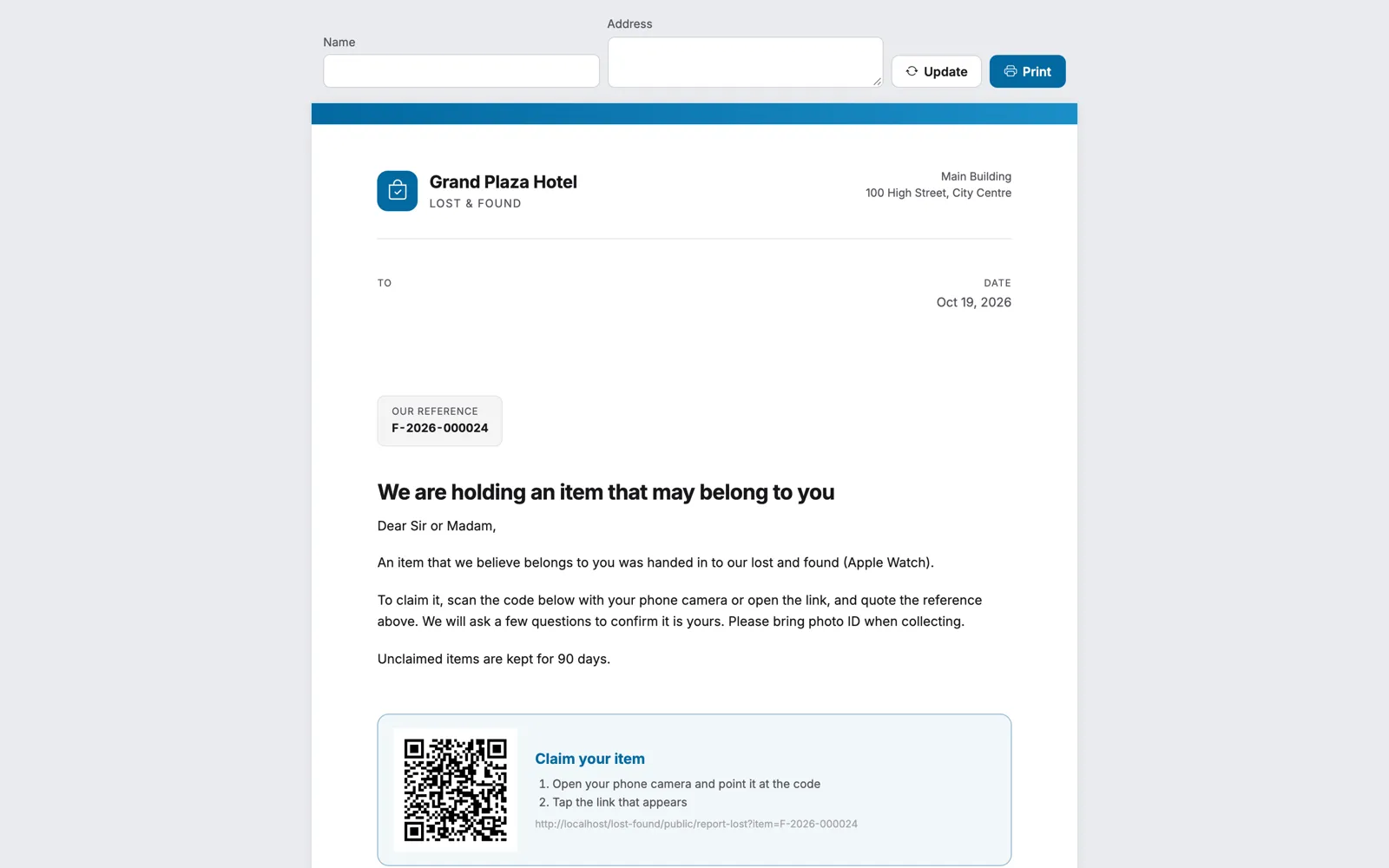 Printed owner letter with QR code